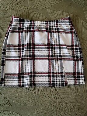 Plaid Mini Skirt in White with Black and Red Checks